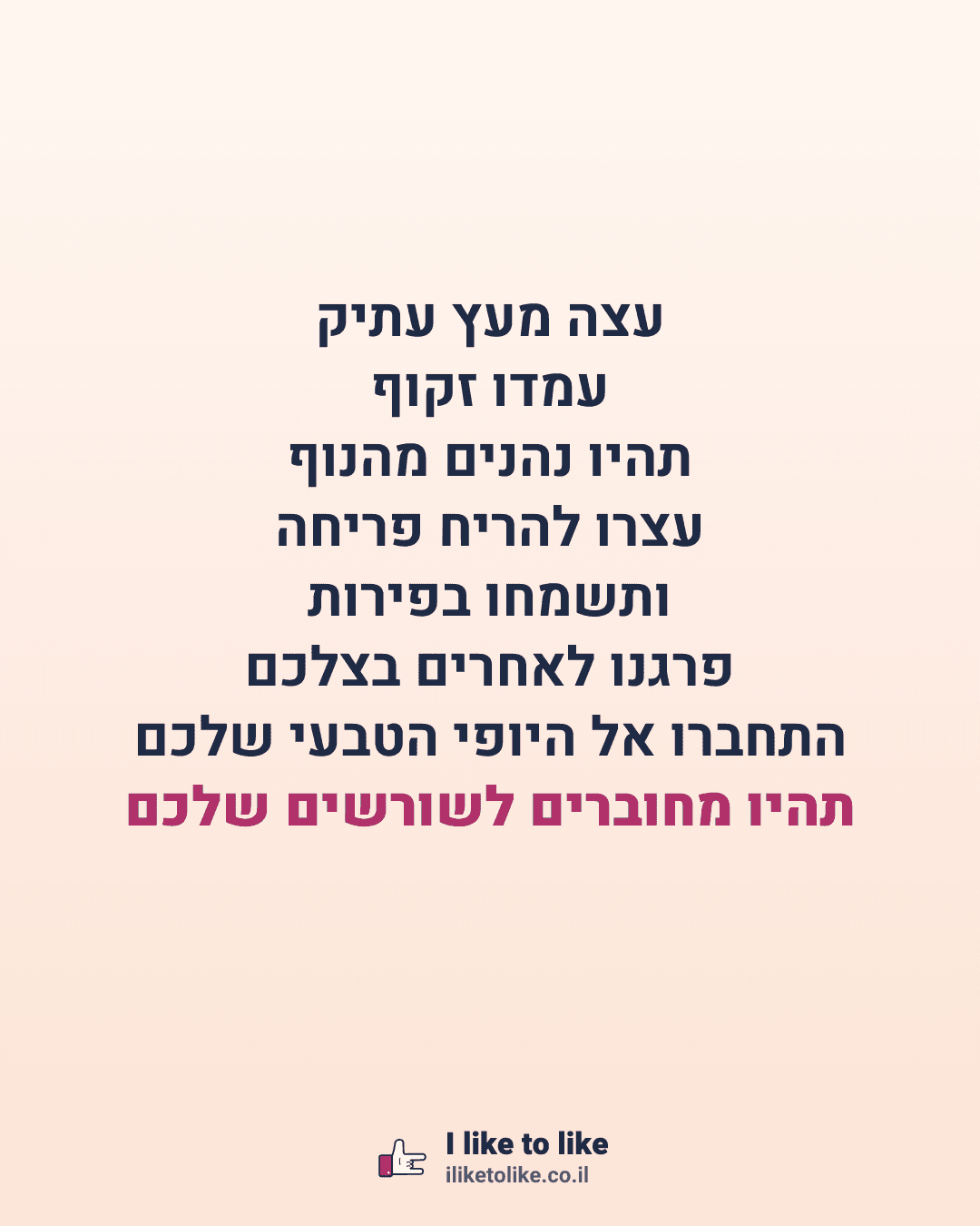 עצה מעץ עתיק עמדו זקוף תהיו נהנים מהנוף עצרו להריח פריחה ותשמחו בפירות פרגנו לאחרים בצלכם התחברו אל היופי הטבעי שלכם תהיו מחוברים לשורשים שלכם
